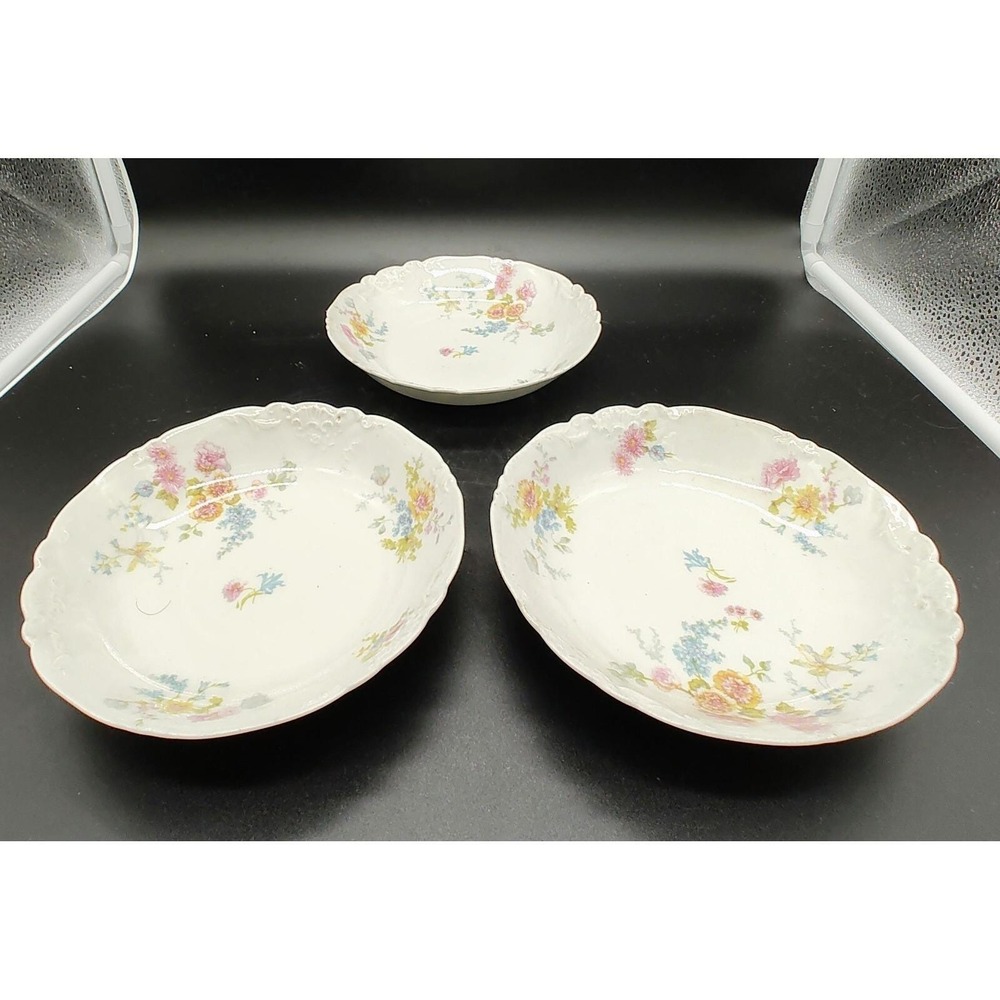Set of 3 Antique C. Ahrenfeldt Limoges France Floral Porcelain Bowls 7.5"